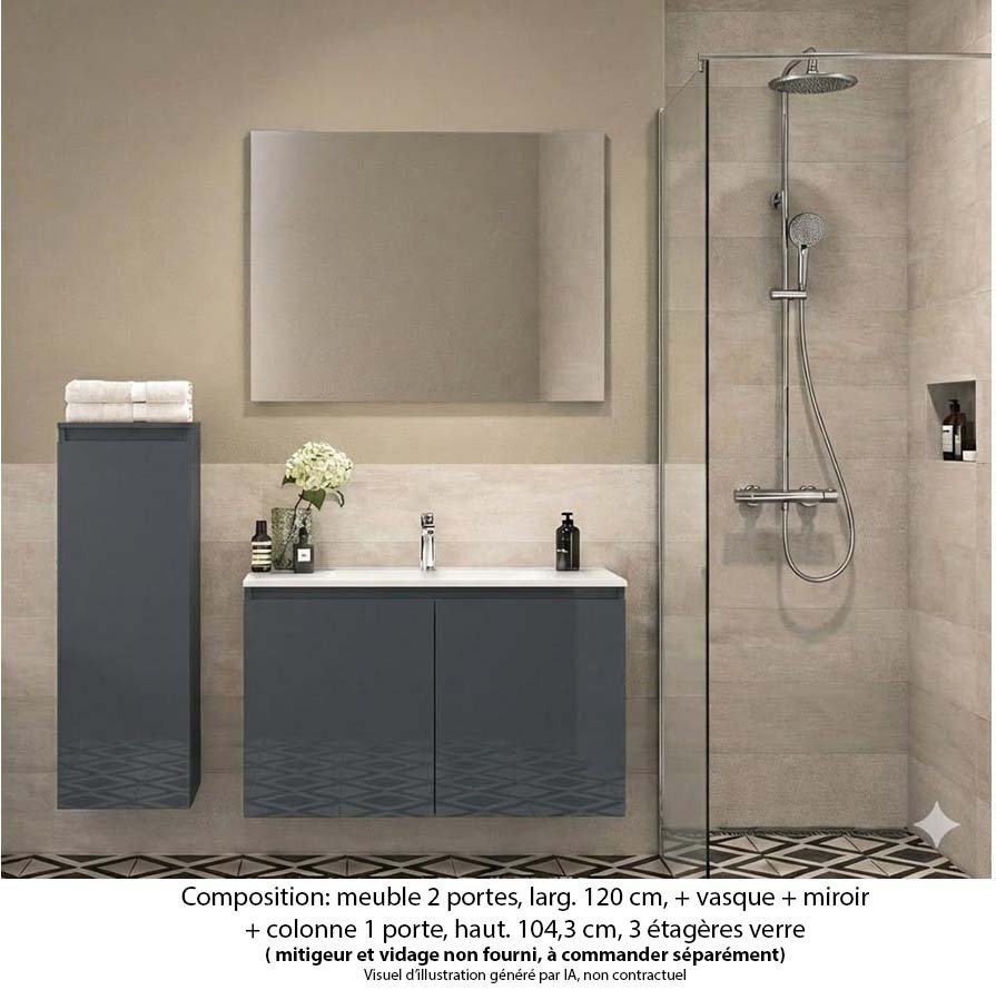 Ensemble meuble de salle de bain Oxford 60 cm basalte brillant, plan vasque marbre reconstitué, 2 portes , miroir simple , colonne P. 17 cm x H. 104 cm