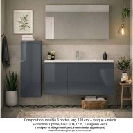 Ensemble meuble de salle de bain Oxford 120 cm basalte brillant, plan vasque céramique, 3 portes , miroir simple , colonne P. 35 cm x H. 104 cm