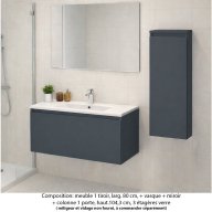 Ensemble meuble de salle de bain Oxford 80 cm basalte brillant, plan vasque marbre reconstitué, 1 tiroir , miroir simple , colonne P.17 cm x H. 104 cm
