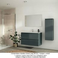 Ensemble meuble de salle de bain Oxford 100 cm basalte brillant, plan vasque marbre reconstitué, 2 tiroirs , miroir simple , colonne P. 17 cm x H. 104 cm