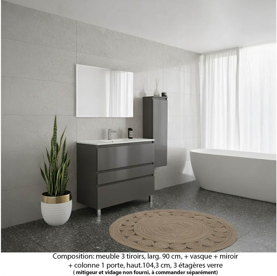 Ensemble meuble de salle de bain Oxford 90 cm basalte brillant, plan vasque marbre reconstitué, 3 tiroirs , miroir simple , colonne P.17 cm x H. 104 cm
