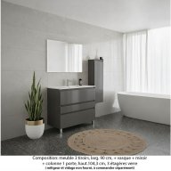Ensemble meuble de salle de bain Oxford 90 cm basalte brillant, plan vasque marbre reconstitué, 3 tiroirs , miroir simple , colonne P.17 cm x H. 104 cm