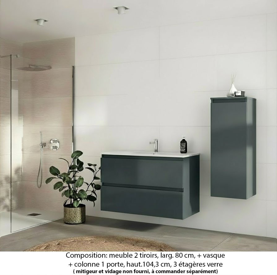 Ensemble meuble de salle de bain Oxford 80 cm basalte brillant, plan vasque marbre reconstitué,  2 tiroirs + colonne P. 35 cm x H. 104 cm