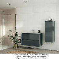 Ensemble meuble de salle de bain Oxford 100 cm basalte brillant, plan vasque marbre reconstitué, 2 tiroirs + colonne P. 35 cm x H. 104 cm