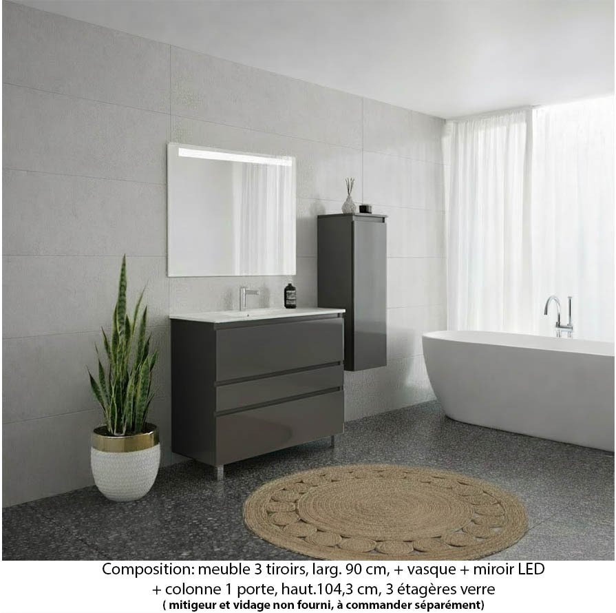 Ensemble meuble de salle de bain Oxford 90 cm basalte brillant, plan vasque marbre reconstitué,  3 tiroirs + colonne P. 35 cm x H. 104 cm , miroir LED