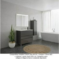 Ensemble meuble de salle de bain Oxford 90 cm basalte brillant, plan vasque céramique, 3 tiroirs +colonne P. 35 cm x H. 104 cm, miroir LED