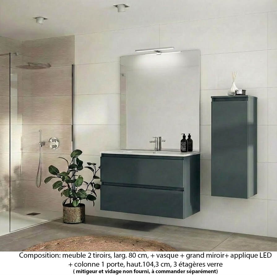 Ensemble meuble de salle de bain Oxford 80 cm basalte brillant, plan vasque céramique, 2 tiroirs , miroir plan , applique , colonne 104 cm(ch. à droite)