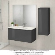 Ensemble meuble de salle de bain Oxford 80 cm basalte brillant, plan vasque marbre reconstitué, 1 tiroir , miroir plan , colonne P. 35 cm x H. 104 cm