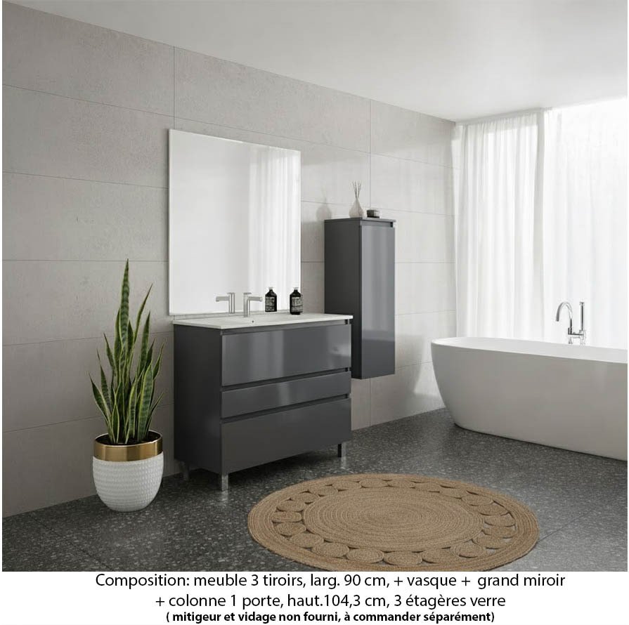 Ensemble meuble de salle de bain Oxford 90 cm basalte brillant, plan vasque marbre reconstitué, 3 tiroirs , miroir plan , colonne P. 35 cm x H. 104 cm