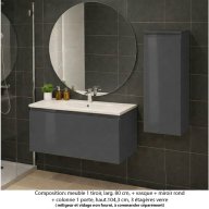 Ensemble meuble de salle de bain Oxford 80 cm basalte brillant, plan vasque marbre reconstitué, 1 tiroir , miroir rond , colonne P. 35 cm x H. 104 cm