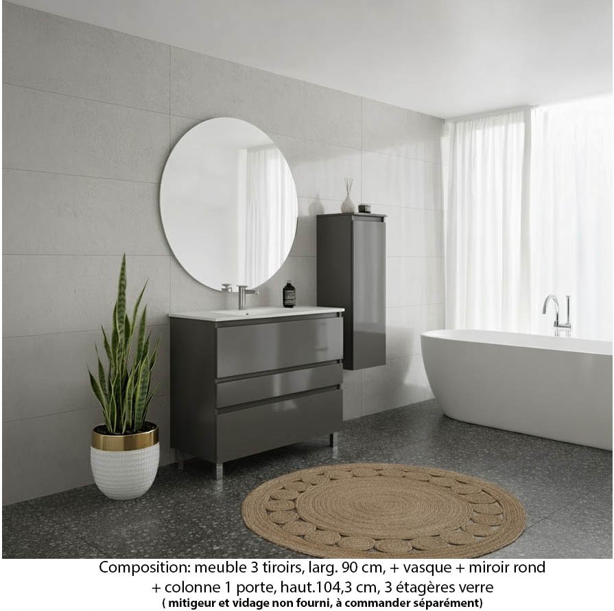 Ensemble meuble de salle de bain Oxford 90 cm basalte brillant, plan vasque marbre reconstitué, 3 tiroirs , miroir rond , colonne P. 35 cm x H. 104 cm