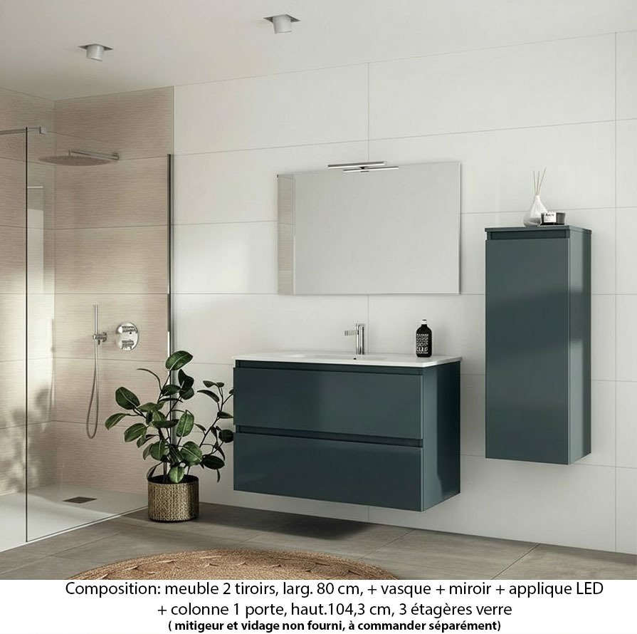 Ensemble meuble de salle de bain Oxford 80 cm basalte brillant, plan vasque céramique, 2 tiroirs , miroir simple , applique , colonne 104 cm(ch. à droite)