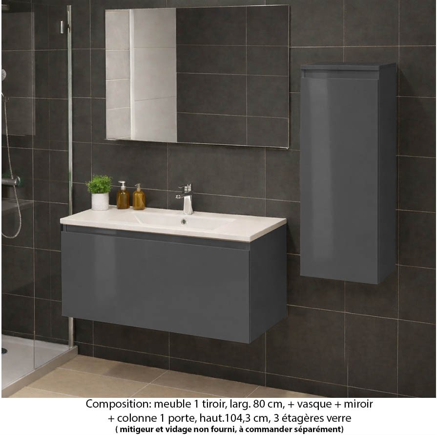 Ensemble meuble de salle de bain Oxford 60 cm basalte brillant, plan vasque marbre reconstitué, 1 tiroir , miroir simple , colonne P. 35 cm x H. 104 cm