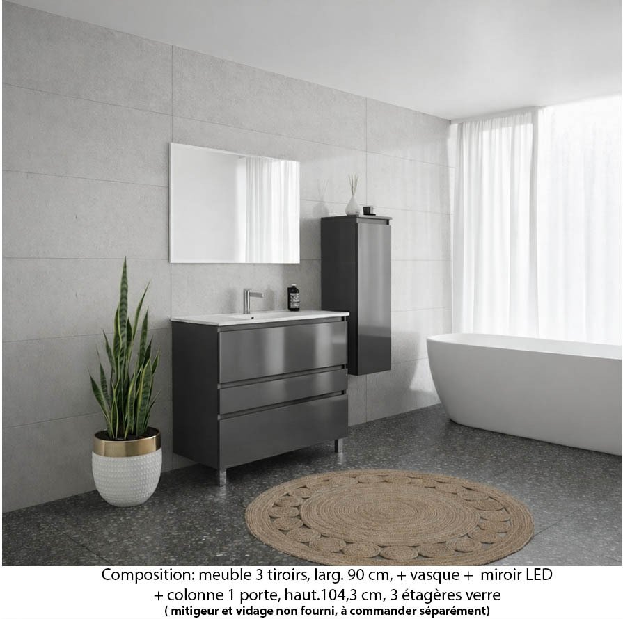 Ensemble meuble de salle de bain Oxford 90 cm basalte brillant, plan vasque marbre reconstitué, 3 tiroirs , miroir simple , colonne P. 35 cm x H. 104 cm