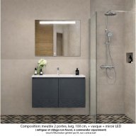 Ensemble meuble de salle de bain Oxford 100 cm basalte brillant, plan vasque marbre reconstitué, 2 portes , miroir LED