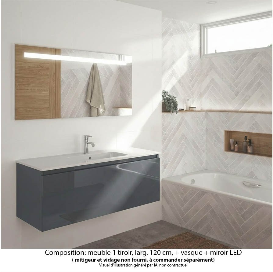 Ensemble meuble de salle de bain Oxford 120 cm basalte brillant, plan vasque marbre reconstitué,  1 tiroir , miroir LED