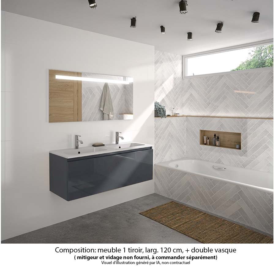 Ensemble meuble de salle de bain Oxford 120 cm basalte brillant, plan double vasque marbre reconstitué,  1 tiroir , miroir LED