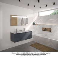 Ensemble meuble de salle de bain Oxford 120 cm basalte brillant, plan double vasque marbre reconstitué, 1 tiroir , miroir LED