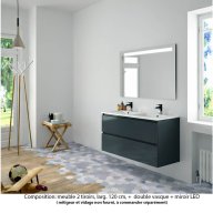 Ensemble meuble de salle de bain Oxford 120 cm basalte brillant, plan double vasque marbre reconstitué, 2 tiroirs , miroir LED