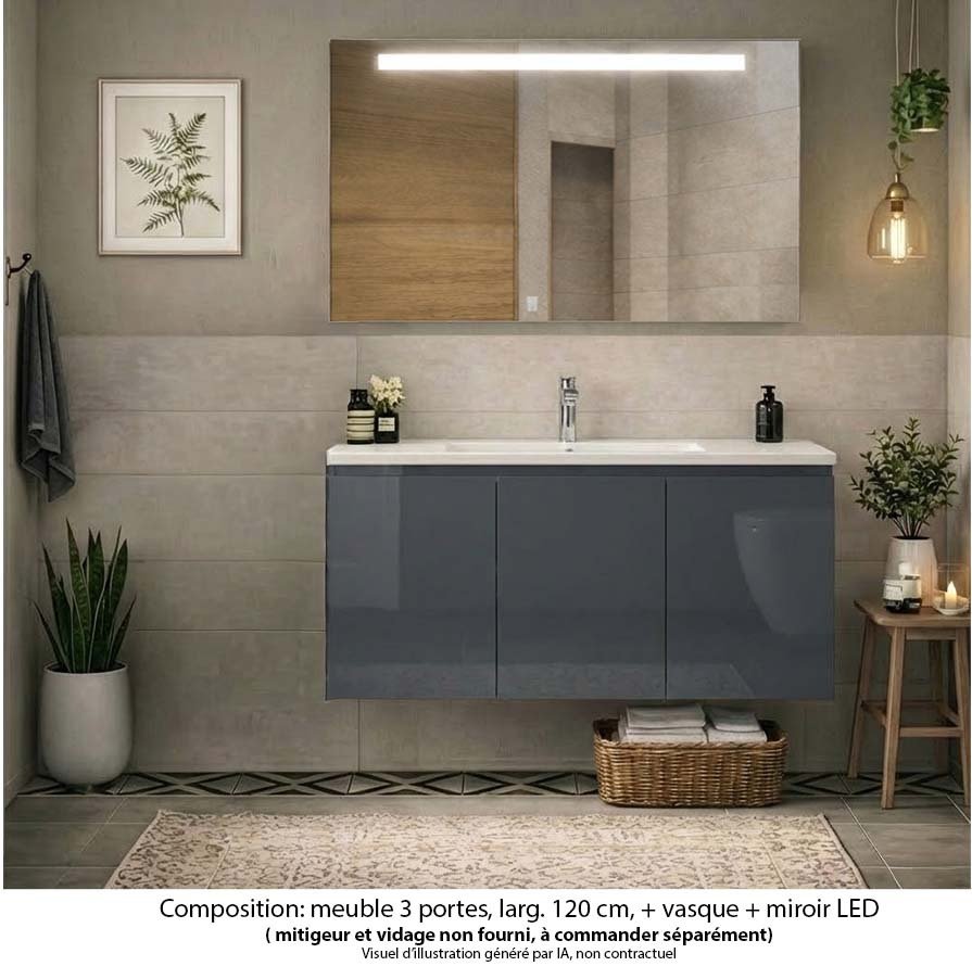 Ensemble meuble de salle de bain Oxford 120 cm basalte brillant, plan vasque céramique,  3 portes , miroir LED