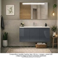 Ensemble meuble de salle de bain Oxford 120 cm basalte brillant, plan vasque céramique, 3 portes , miroir LED