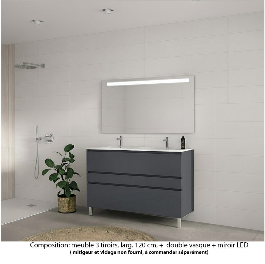 Ensemble meuble de salle de bain Oxford 120 cm basalte brillant, plan double vasque marbre reconstitué,  3 tiroirs , miroir LED