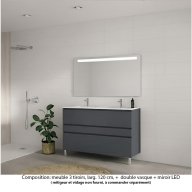 Ensemble meuble de salle de bain Oxford 120 cm basalte brillant, plan double vasque marbre reconstitué, 3 tiroirs , miroir LED