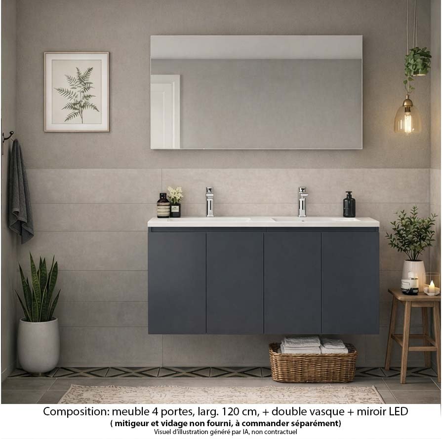 Ensemble meuble de salle de bain Oxford 140 cm basalte brillant, plan vasque marbre reconstitué,  4 portes , miroir LED