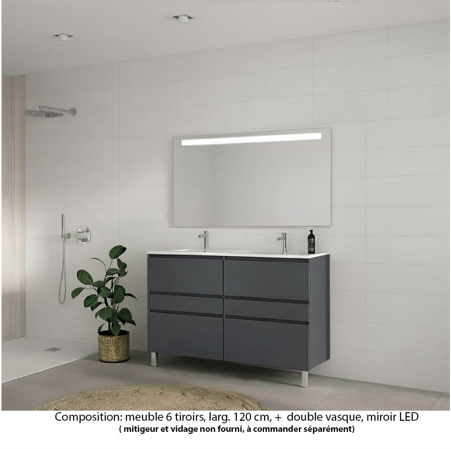 Ensemble meuble de salle de bain Oxford 140 cm basalte brillant, plan double double vasque céramique,  caisson double, 6 tiroirs , miroir LED