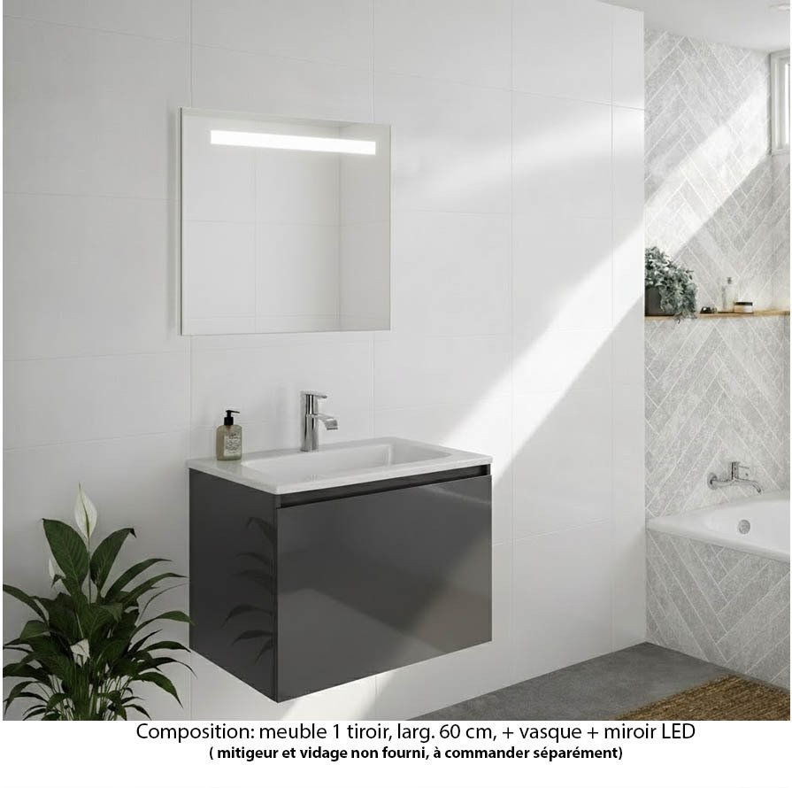 Ensemble meuble de salle de bain Oxford 60 cm basalte brillant, plan vasque marbre reconstitué,  1 tiroir , miroir LED