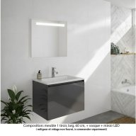 Ensemble meuble de salle de bain Oxford 80 cm basalte brillant, plan vasque marbre reconstitué, 1 tiroir , miroir LED