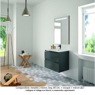Ensemble meuble de salle de bain Oxford 80 cm basalte brillant, plan vasque céramique, 2 tiroirs , miroir LED