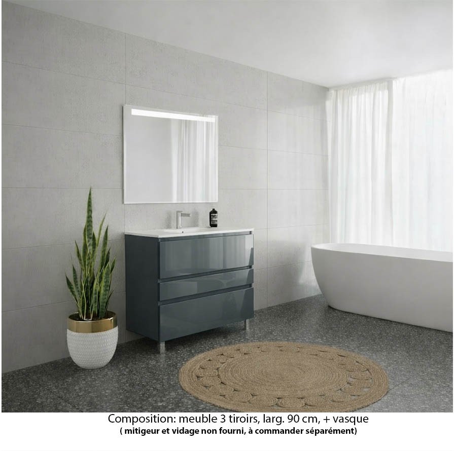 Ensemble meuble de salle de bain Oxford 80 cm basalte brillant, plan vasque marbre reconstitué,  3 tiroirs , miroir LED