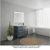Ensemble meuble de salle de bain Oxford 90 cm basalte brillant, plan vasque céramique, 3 tiroirs , miroir LED