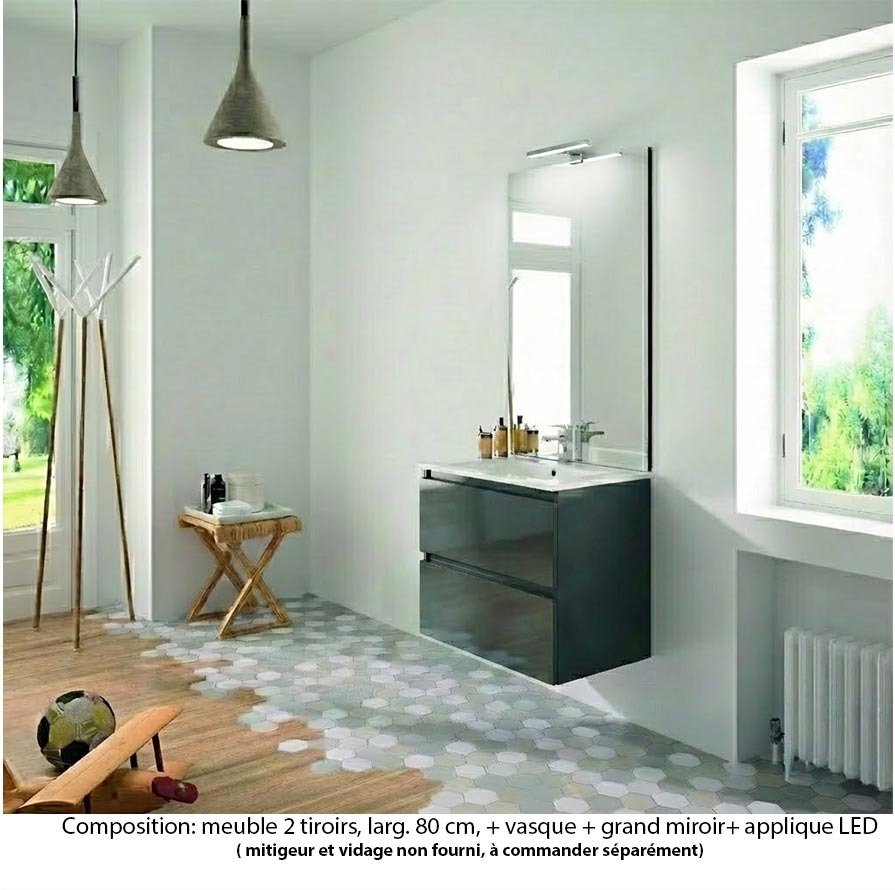 Ensemble meuble de salle de bain Oxford 80 cm basalte brillant, plan vasque marbre reconstitué,  2 tiroirs , miroir haut. 110 cm avec applique