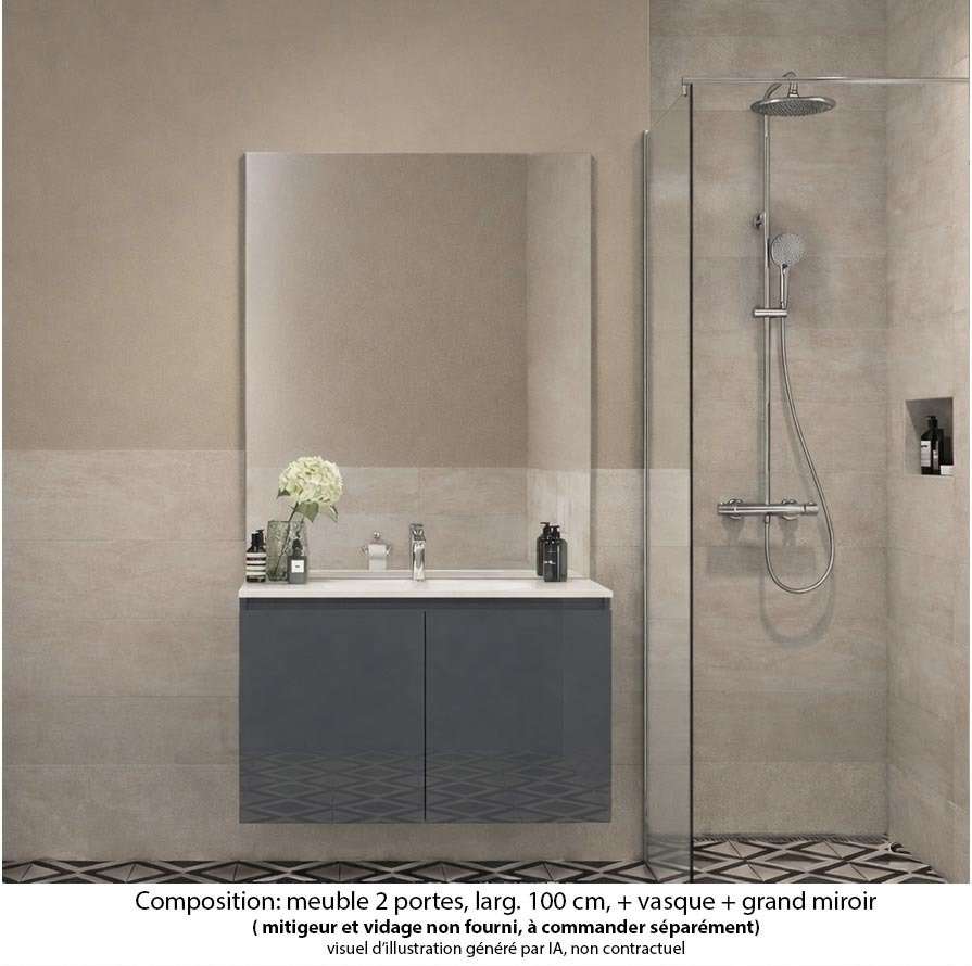 Ensemble meuble de salle de bain Oxford 60 cm basalte brillant, plan vasque marbre reconstitué,  2 portes , miroir haut. 110 cm