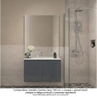 Ensemble meuble de salle de bain Oxford 100 cm basalte brillant, plan vasque marbre reconstitué, 2 portes , miroir haut. 110 cm