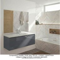 Ensemble meuble de salle de bain Oxford 120 cm basalte brillant, plan vasque marbre reconstitué, 1 tiroir , miroir haut. 110 cm