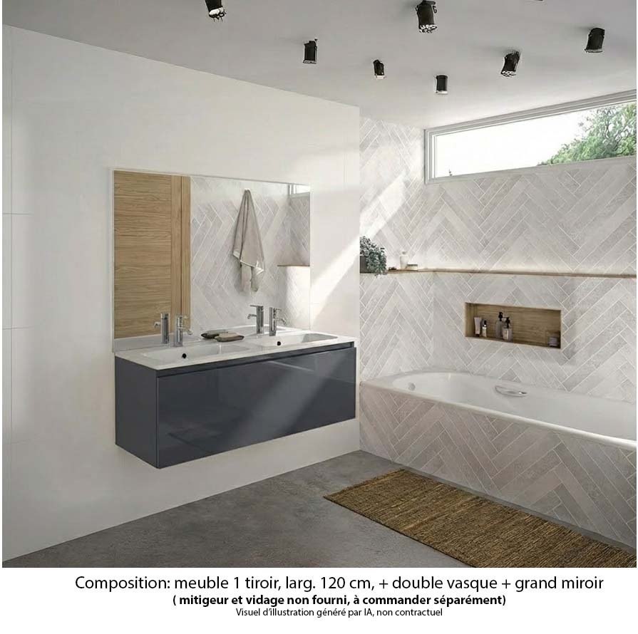 Ensemble meuble de salle de bain Oxford 120 cm basalte brillant, plan double vasque marbre reconstitué,  1 tiroir , miroir haut. 110 cm