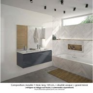 Ensemble meuble de salle de bain Oxford 120 cm basalte brillant, plan double vasque marbre reconstitué, 1 tiroir , miroir haut. 110 cm