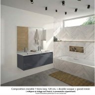 Ensemble meuble de salle de bain Oxford 120 cm basalte brillant, plan double vasque marbre reconstitué, 2 tiroirs , miroir haut. 110 cm