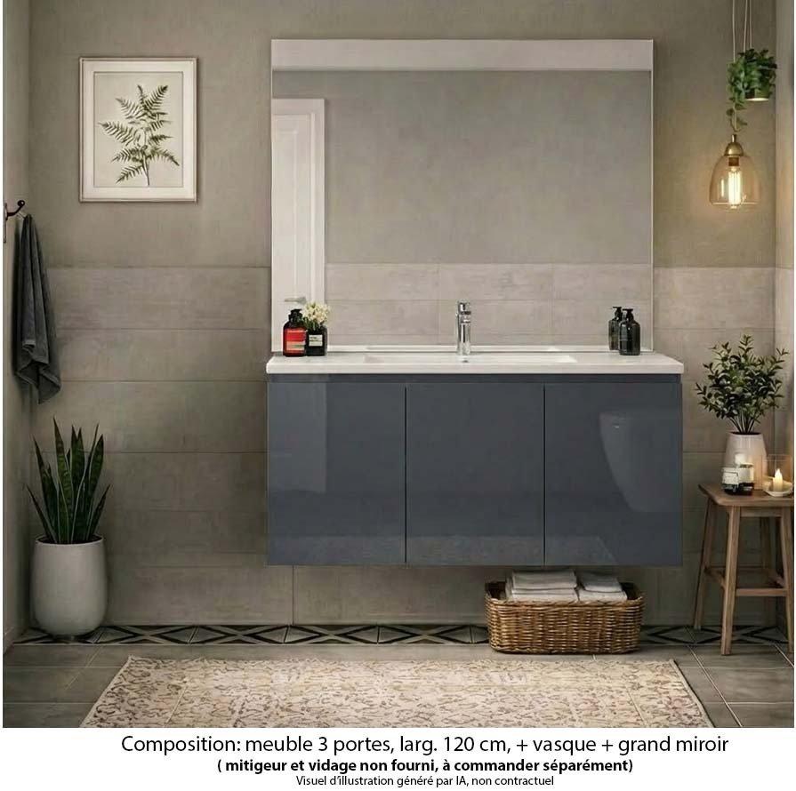 Ensemble meuble de salle de bain Oxford 120 cm basalte brillant, plan vasque céramique,  3 portes , miroir haut. 110 cm