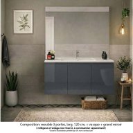 Ensemble meuble de salle de bain Oxford 120 cm basalte brillant, plan vasque céramique, 3 portes , miroir haut. 110 cm