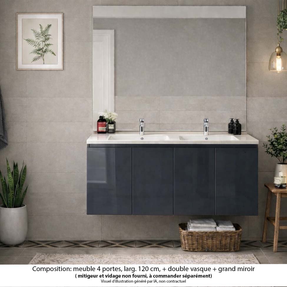 Ensemble meuble de salle de bain Oxford 120 cm basalte brillant, plan vasque marbre reconstitué,  4 portes , miroir haut. 110 cm