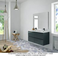 Ensemble meuble de salle de bain Oxford 140 cm basalte brillant, plan double double vasque céramique, 4 tiroirs , miroir haut. 110 cm