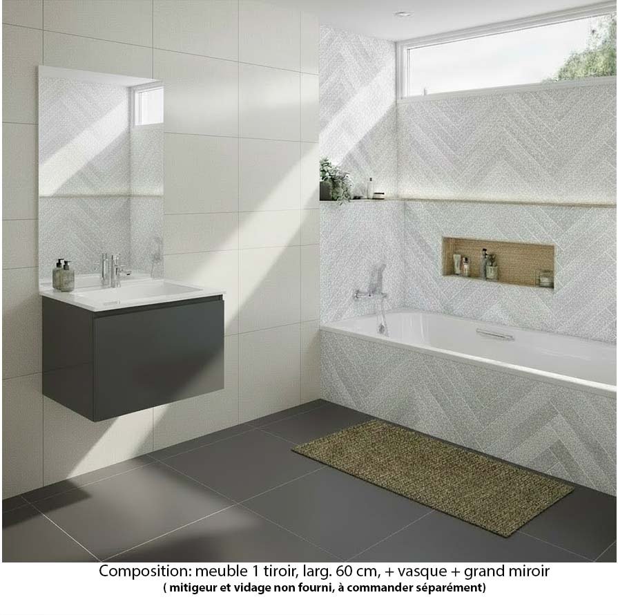 Ensemble meuble de salle de bain Oxford 60 cm basalte brillant, plan vasque marbre reconstitué,  1 tiroir , miroir haut. 110 cm