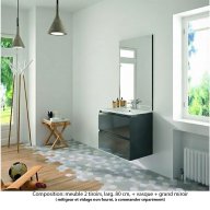 Ensemble meuble de salle de bain Oxford 80 cm basalte brillant, plan vasque céramique, 2 tiroirs , miroir haut. 110 cm