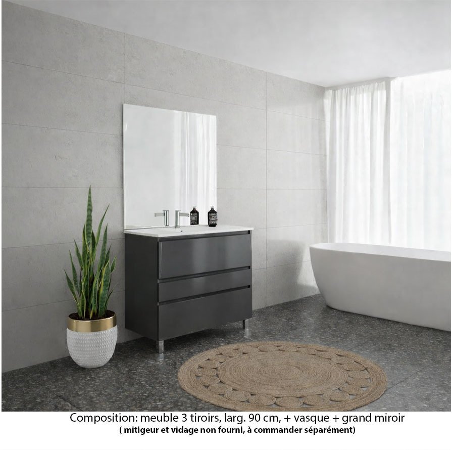 Ensemble meuble de salle de bain Oxford 100 cm basalte brillant, plan vasque marbre reconstitué,  3 tiroirs , miroir haut. 110 cm