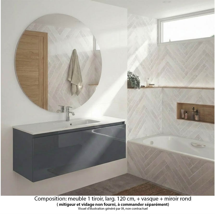Ensemble meuble de salle de bain Oxford 120 cm basalte brillant, plan vasque marbre reconstitué,  1 tiroir , miroir rond