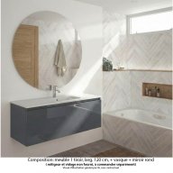 Ensemble meuble de salle de bain Oxford 120 cm basalte brillant, plan vasque marbre reconstitué, 1 tiroir , miroir rond